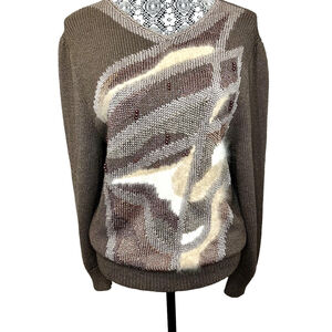 Vintage Lara Ferrante Brown angora accent V-Neck Sweater Size L